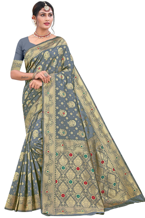 Party Wear Zari Embroidered Bluish Grey Saree in Silk