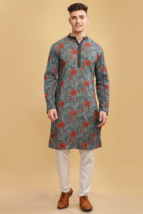 Bluish Grey Straight Cut Cotton Printed Men's Kurta For Eid 