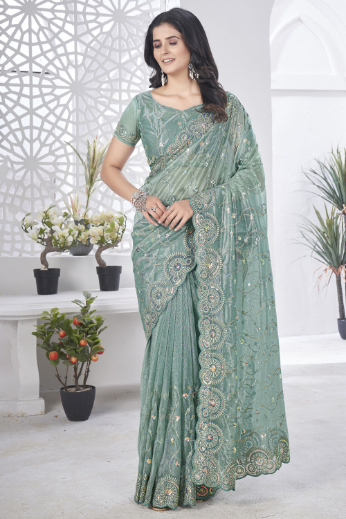 Bluish Grey Tissue Embroidered Light Weight Saree