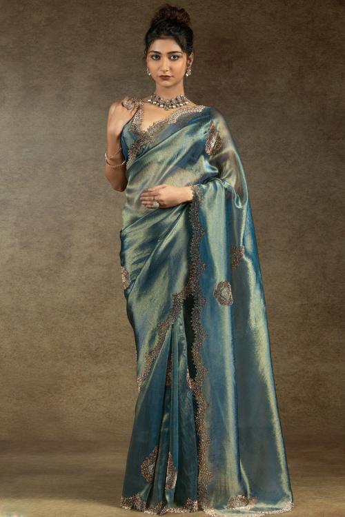 Bluish Grey Tissue Silk Saree With Stone Work For Diwali