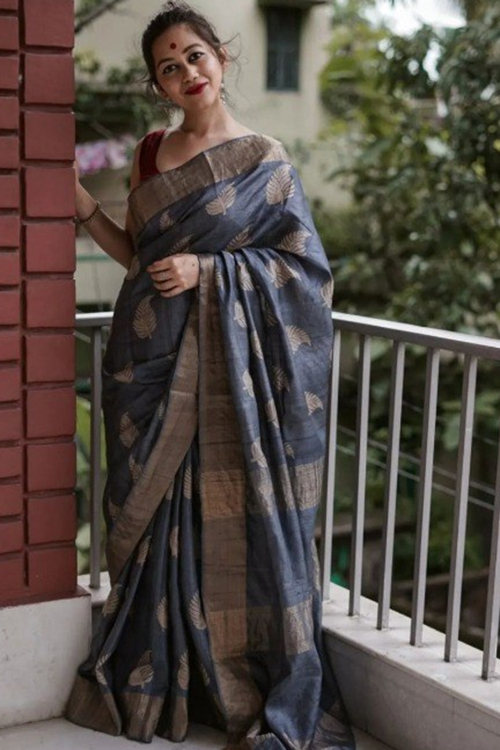 Bluish Grey Tussar Silk Woven Zari Casual Wear Saree