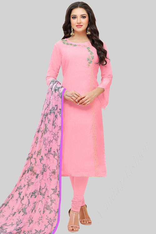 Blush Pink Chanderi Cotton Churidar Suit