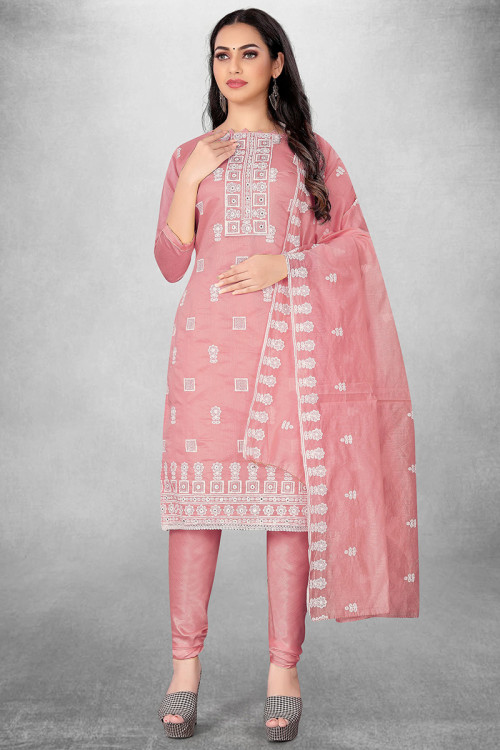 Blush Pink Chanderi Silk Embroidered Churidar Suit