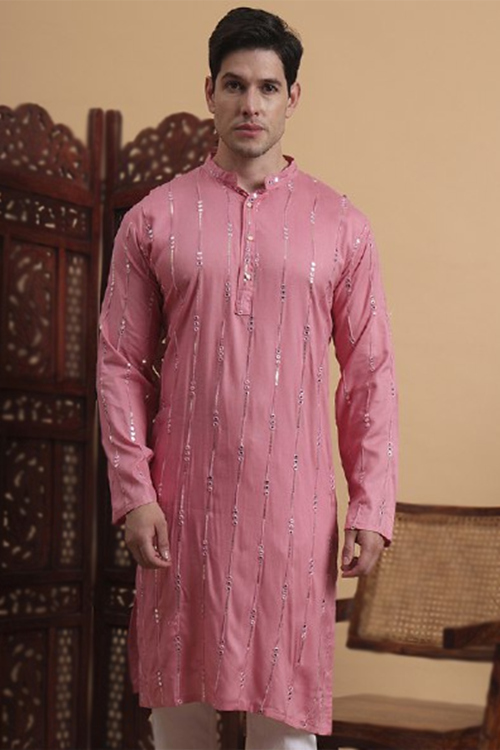 Blush Pink Cotton Silk Men's Kurta With Sequins Work For Festival
