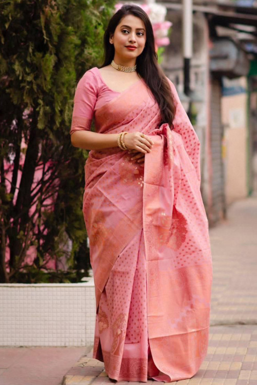 Blush Pink Cotton Woven Zari Traditional Saree 
