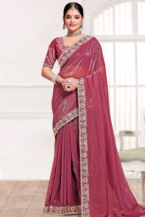 Blush Pink Dori Embroidered Shimmer Chiffon Saree