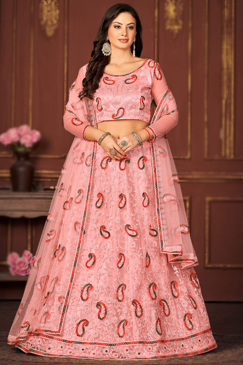 Blush Pink Embroidered A-Line Net Lehenga