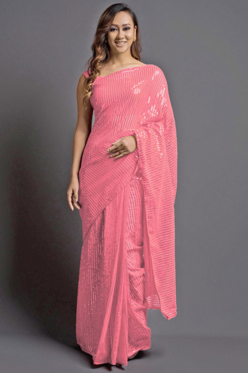 Blush Pink Georgette Embroidered Saree