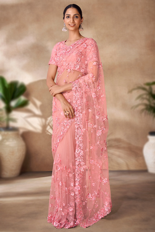 Blush Pink Net Cutdana Embroidered Light Weight Saree 