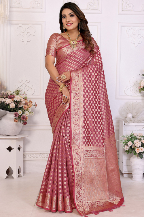  Blush Pink Organza Woven Zari Light Weight Saree