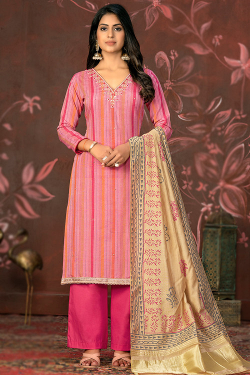 Blush Pink Printed Cotton Straight Cut Suit