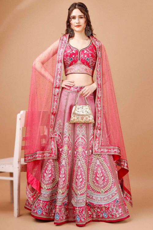 Blush Pink Printed Panelled Style Satin Silk Lehenga
