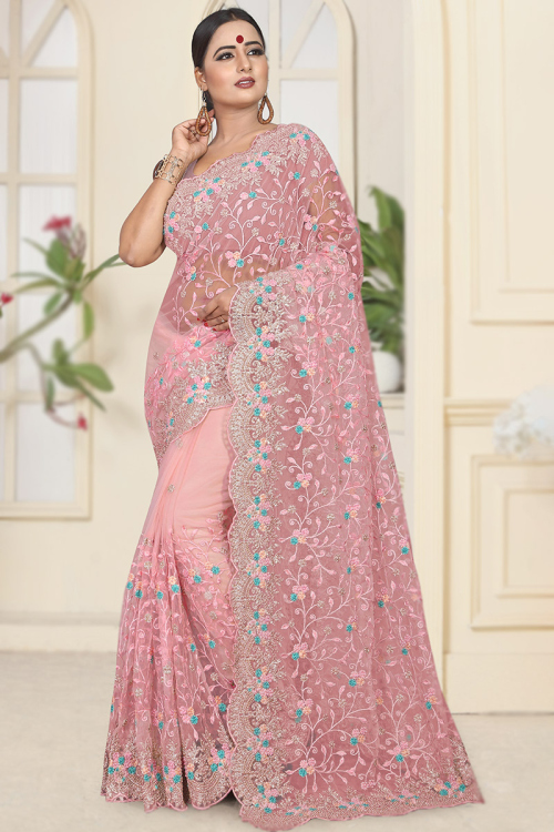 Blush Pink Resham Embroidered Net Heavy Saree
