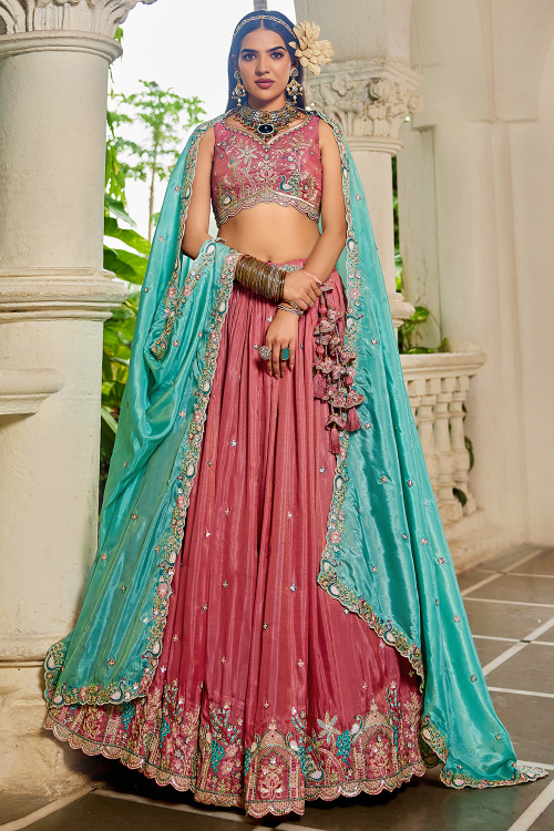 Blush Pink Satin Embroidered Lehenga For Wedding
