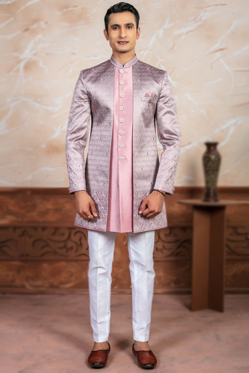 Blush Pink Silk Embroidered Jacket Style Men's Sherwani For Sangeet
