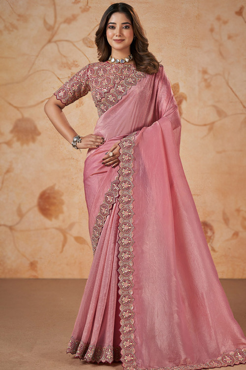 Blush Pink Silk Lace Embroidered Light Weight Saree