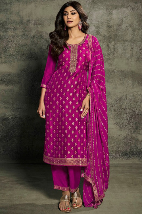 Bollywood Style Magenta Pink Weaved Zari Silk Trouser Suit
