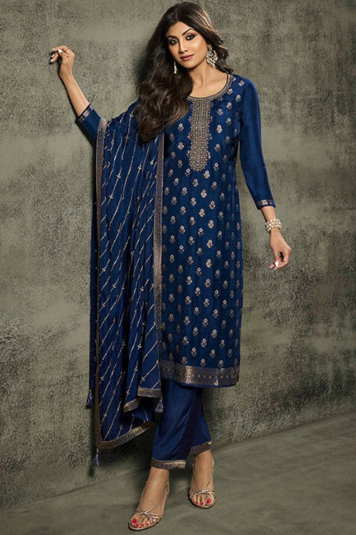 Bollywood Style Navy Blue Weaved Zari Silk Trouser Sui