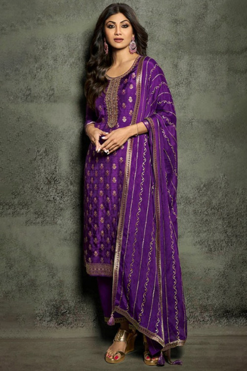 Bollywood Style Purple Weaved Zari Silk Trouser Suit 