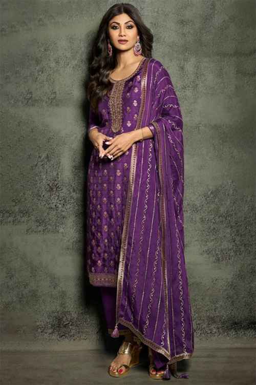 Bollywood Style Purple Weaved Zari Silk Trouser Suit 