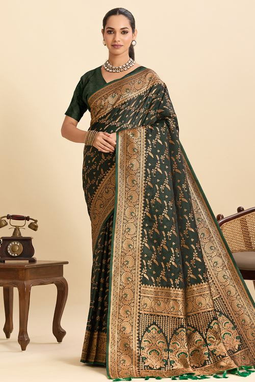 Bottle Green Art Silk Broad Border Saree With Weaved Work For Mehndi