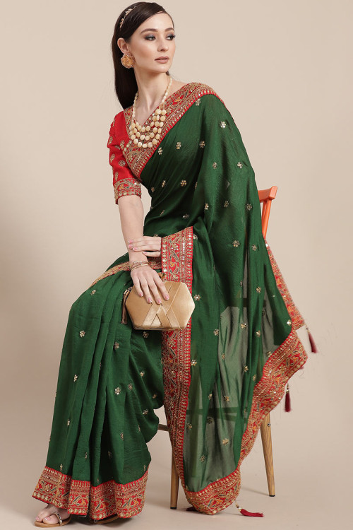 Art Silk Saree in Bottle Green colour for Party 