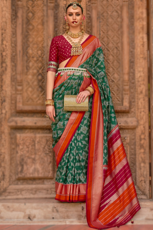 Bottle Green Art Silk Printed Broad Border Saree 