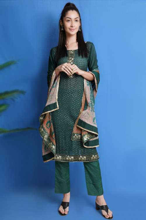 Bottle Green Chiffon Embroidered Trouser Suit For Mehndi 