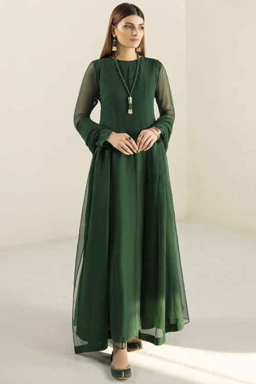 Bottle Green Chiffon Plain Anarkali Suit for Eid