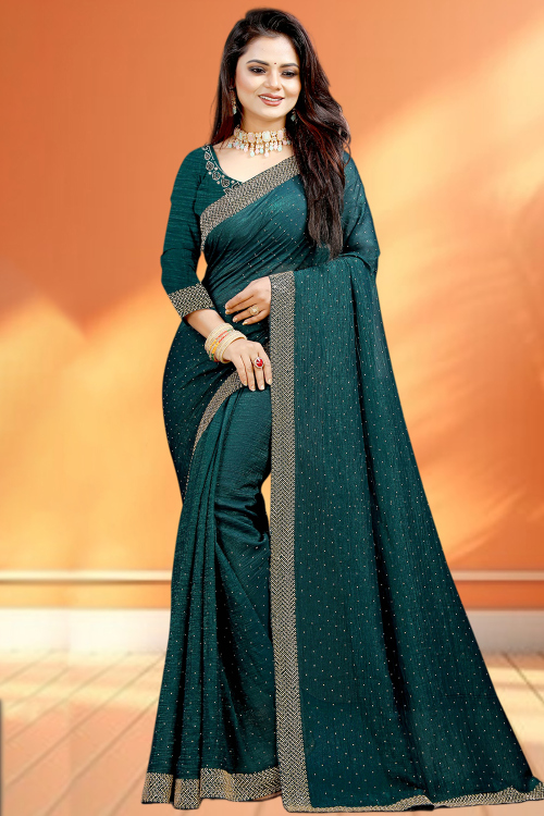 Bottle Green Chiffon Stone Embellished Shimmer Saree 