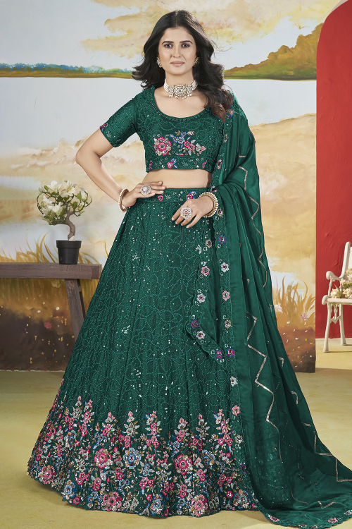 Bottle Green Chinnon Embroidered Panelled Style Lehenga