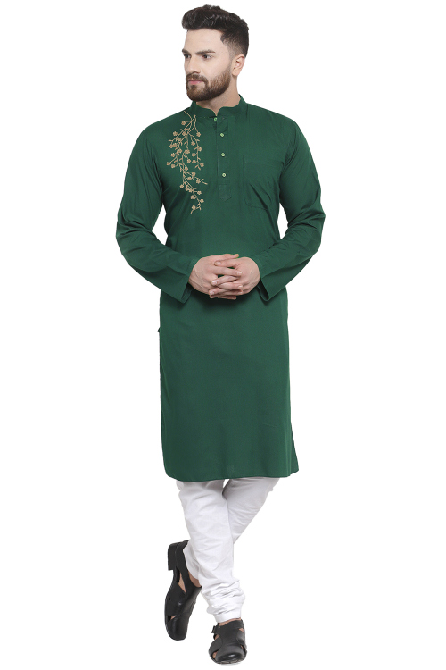 Bottle Green Cotton Embroidered Straight Cut Men's Kurta Churidar 