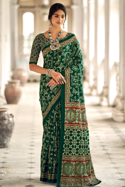 Bottle Green Cotton Printed Casual Wear Saree 