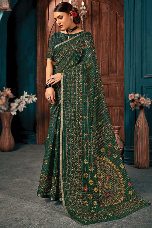 Bottle Green Cotton Woven Saree with Printed