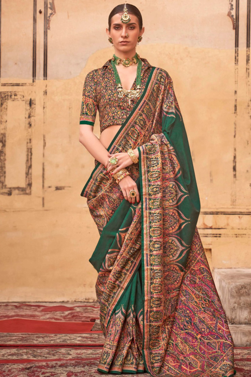 Bottle Green Cotton Silk Printed Broad Border Saree 