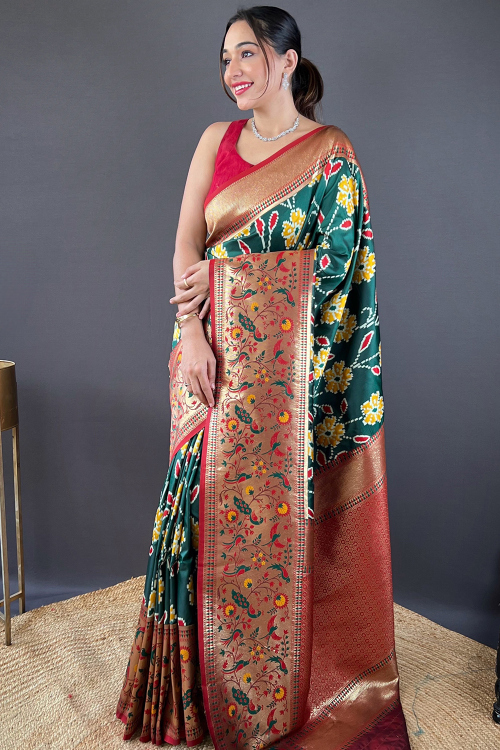 Bottle Green Cotton Silk Weaved Broad Border Saree 