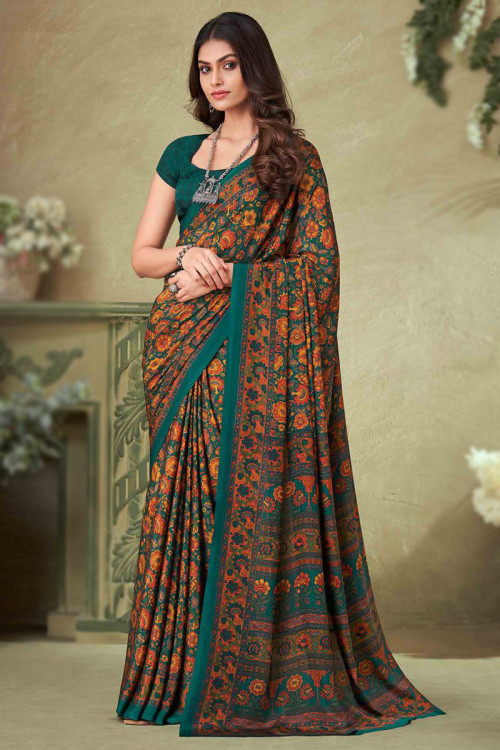 Crepe Bottle Green Printed Saree for Casual Wear