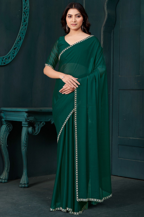 Bottle Green Crepe Saree With Stone Work For Diwali