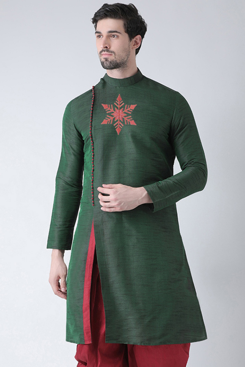 Bottle Green Dupion Silk Angrakha Style Men's Kurta