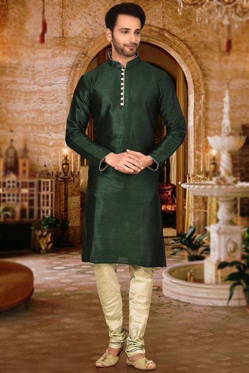 Plain Men Kurta Pajama in Dupion Silk Bottle Green for Wedding 