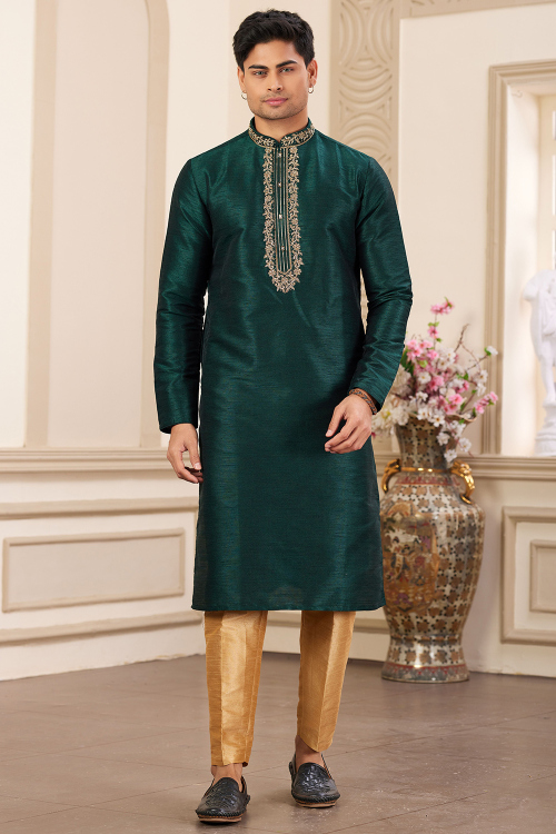 Bottle Green Dupion Silk Men's Kurta Pajama With Zari Work