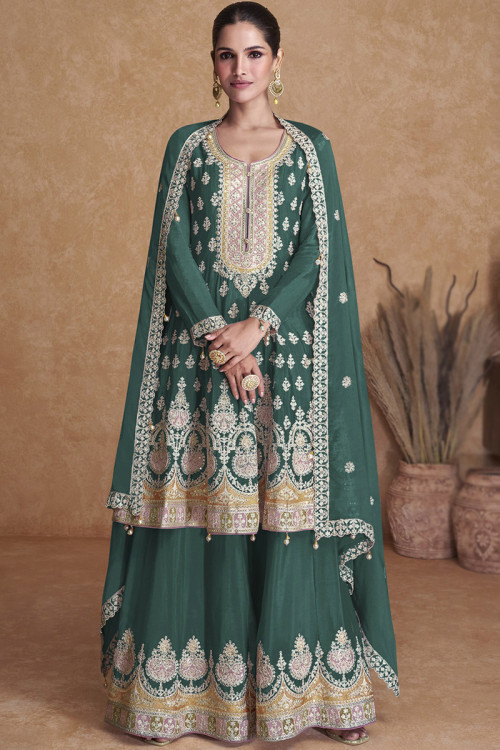 Bottle Green Embroidered Chinnon Frock Style Sharara Suit 