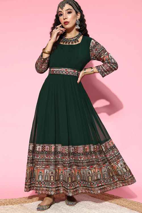 Bottle Green Embroidered Georgette Gown