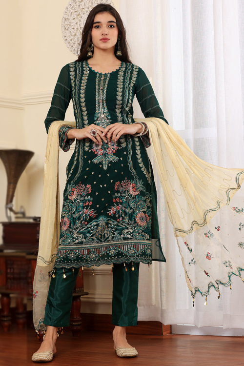 Bottle Green Georgette Embroidered Straight Cut Trouser Suit