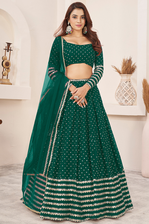 Bottle Green Georgette Lehenga with Sequins Work for Diwali