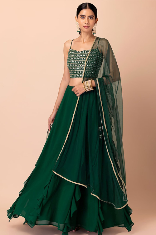 Bottle Green Georgette Lehenga with Sequins Work for Diwali
