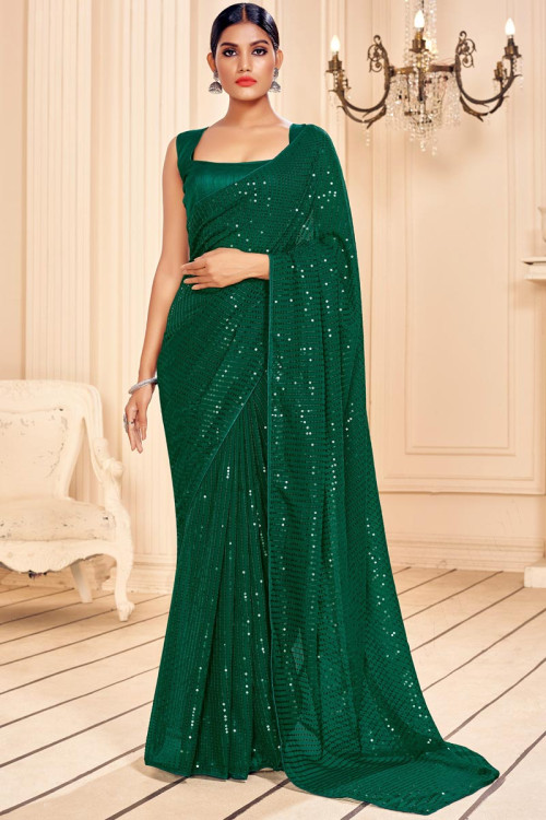 Bottle Green Georgette Saree With Sequins