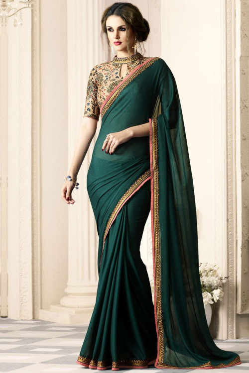 Bottle Green Georgette Saree With Banglori Silk Blouse