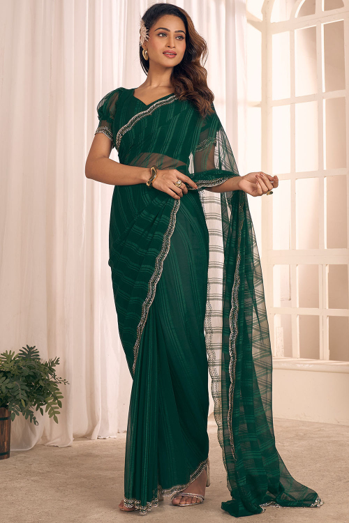 Bottle Green Georgette Shimmer Saree With Stone Work For Festival