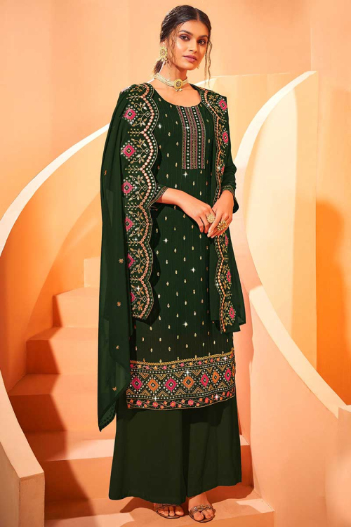Trouser Suit in Bottle Green Georgette for Party Wear